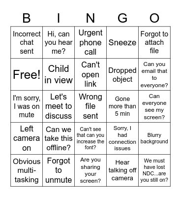 Video Call Bingo Card