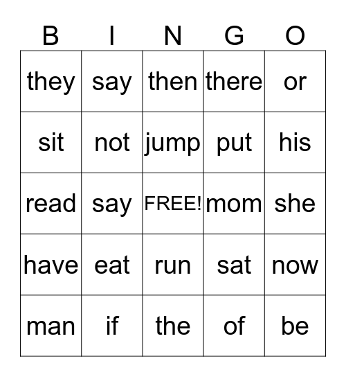 Sight Word Bingo Card