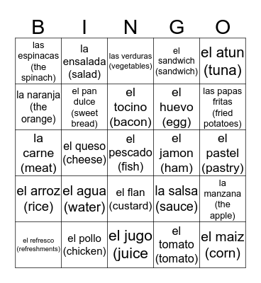 COMIDA - FOOD Bingo Card