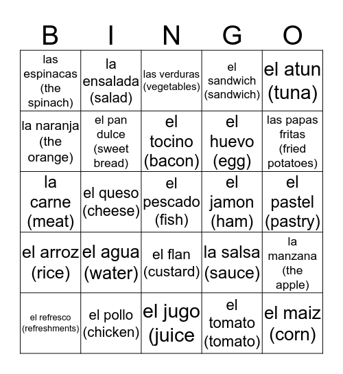 COMIDA - FOOD Bingo Card