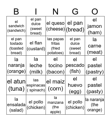 COMIDA- FOOD Bingo Card