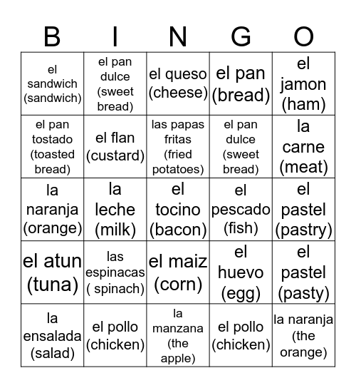 COMIDA- FOOD Bingo Card