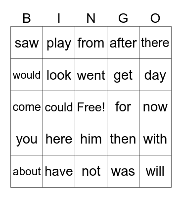 Sight Words Bingo Card