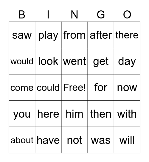 Sight Words Bingo Card