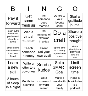 Emotional Wellness Bingo Card