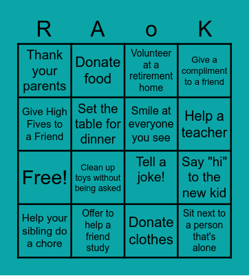 Random Acts of Kindness Bingo Card