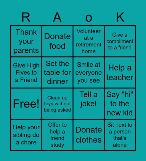 Random Acts of Kindness Bingo Card