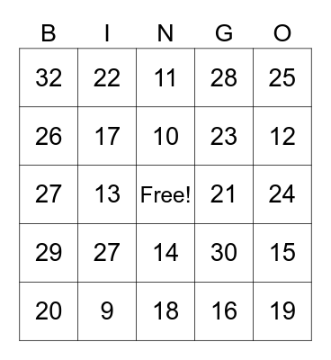 Valentine's Number Bingo Card