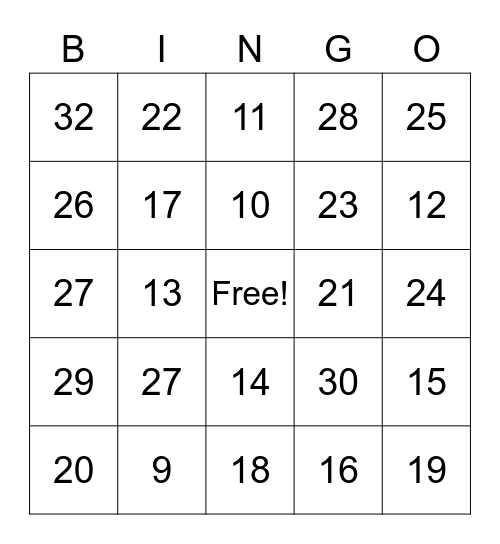 Valentine's Number Bingo Card