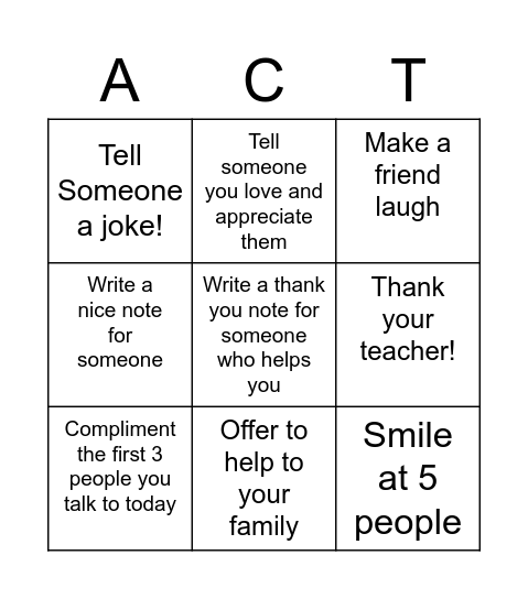Acts of Kindness Bingo! Bingo Card