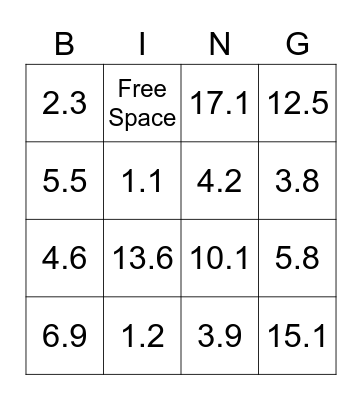 DECIMALS Bingo Card