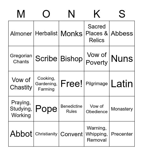 Monks, Nuns & Almoners Bingo Card