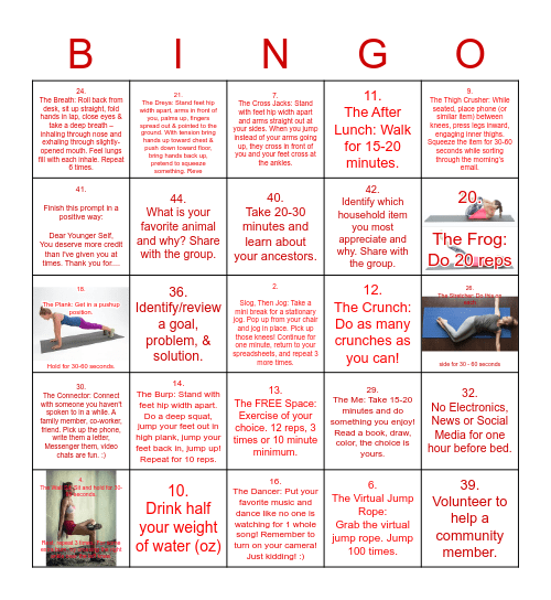 WORKERCISE Bingo Card