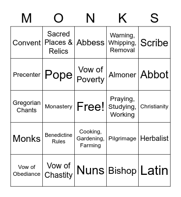 Monks, Nuns & Almoners Bingo Card