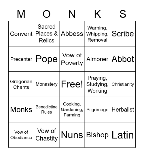 Monks, Nuns & Almoners Bingo Card