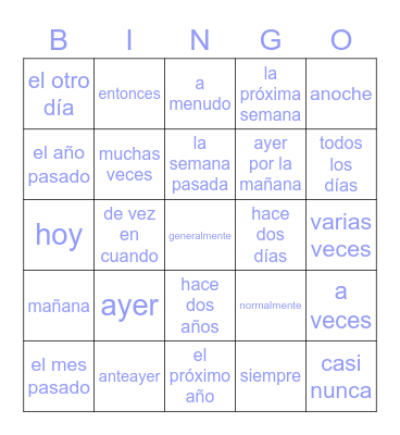 Time phrases Bingo Card