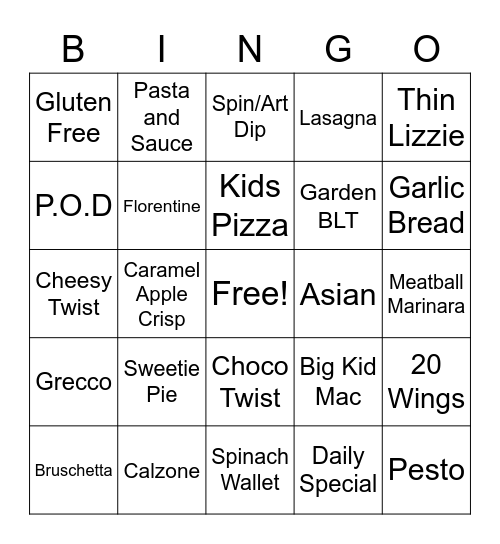 Pizza West Bingo Card