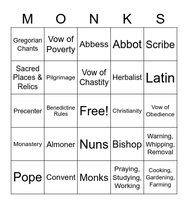 Monks, Nuns & Almoners Bingo Card