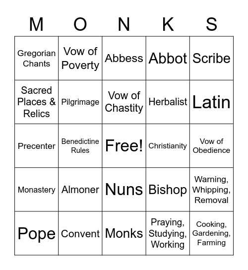 Monks, Nuns & Almoners Bingo Card