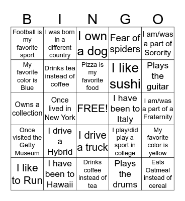 Getting to Know Each Other Bingo Card