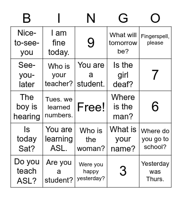 ASL 1 Just for Fun Bingo Card
