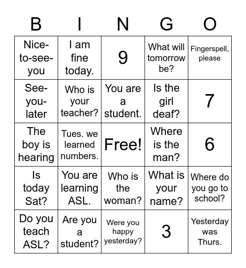 ASL 1 Just for Fun Bingo Card