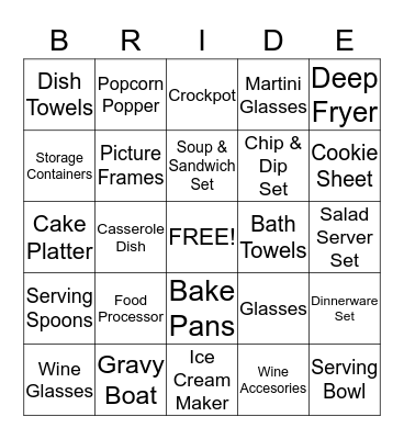 Sarah's Bridal Shower Bingo Card