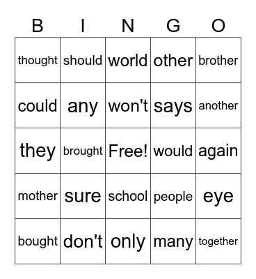 Sight Word Bingo Card