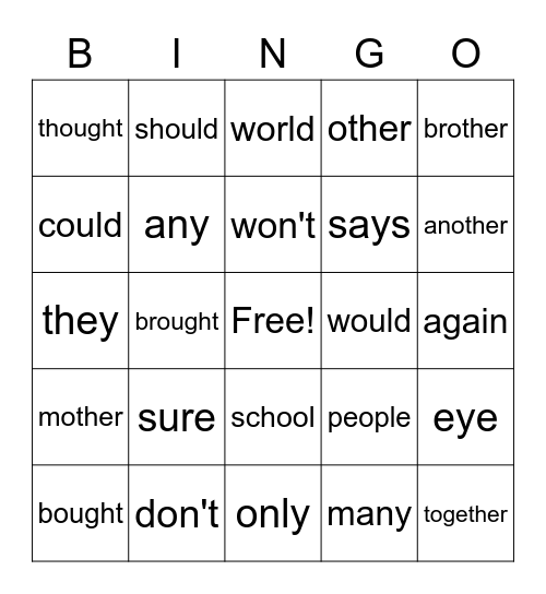 Sight Word Bingo Card