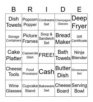 Sarah's Bridal Shower Bingo Card