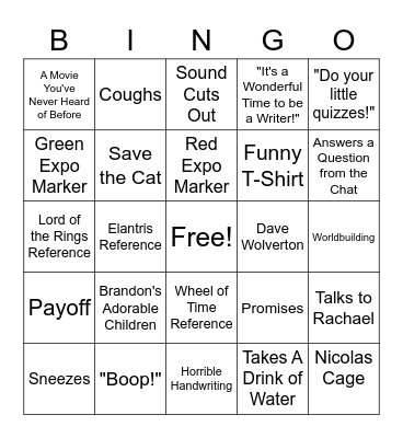 Sanderson Lectures- ENGL 490 Bingo Card