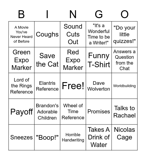 Brandon Sanderson Cosmere Novel BINGO Card