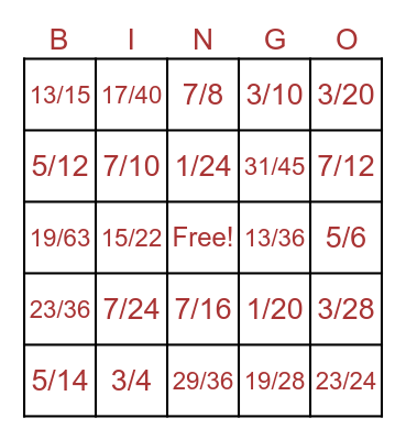 FRACTION ADDITION/SUBTRACTION Bingo Card