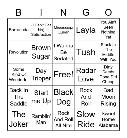 Classic Rock TOG Bingo Card