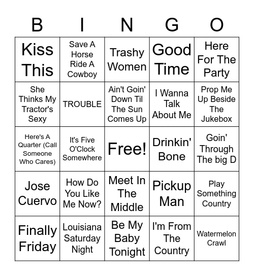 Country Hits TOG Bingo Card