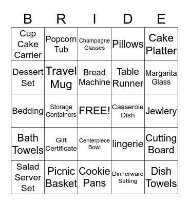 Sarah's Bridal Shower Bingo Card