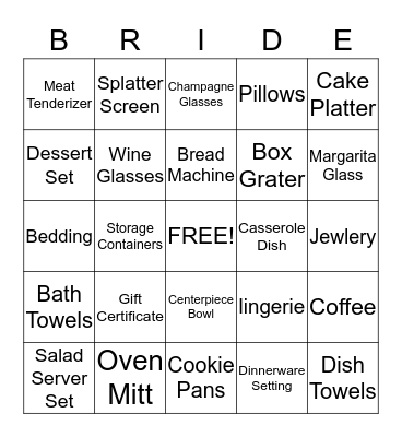Sarah's Bridal Shower Bingo Card