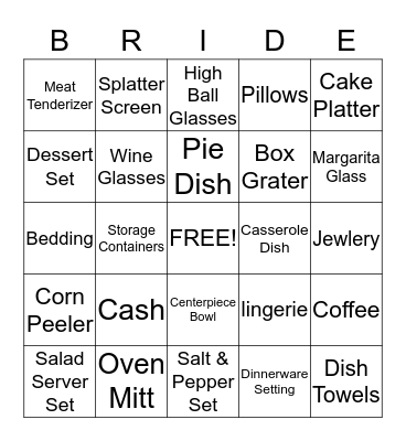 Sarah's Bridal Shower Bingo Card