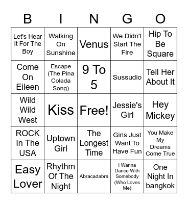 80s Hits TOG Bingo Card