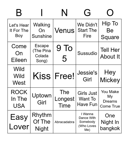 80s Hits TOG Bingo Card