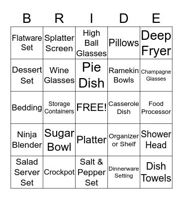 Sarah's Bridal Shower Bingo Card