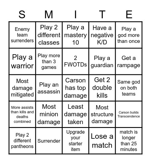 Gaming Bingo Card