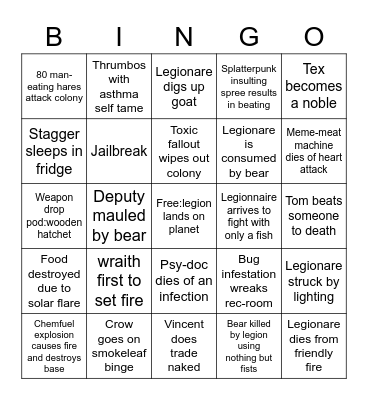 Rimworld Bingo Card
