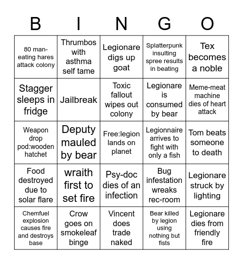 Rimworld Bingo Card