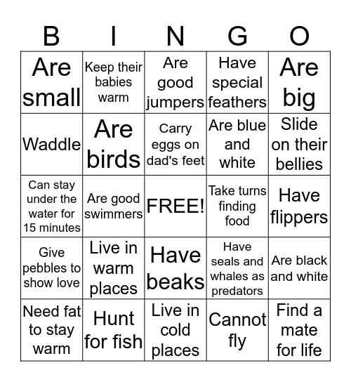 Penguins  Bingo Card
