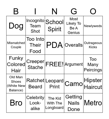 PEOPLE WATCHING BINGO!!!!!!!! Bingo Card