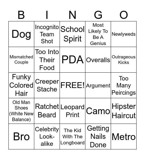 PEOPLE WATCHING BINGO!!!!!!!! Bingo Card