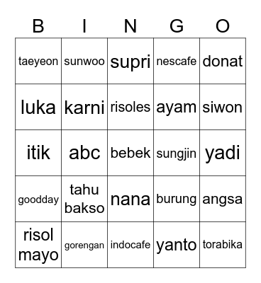 ty Bingo Card