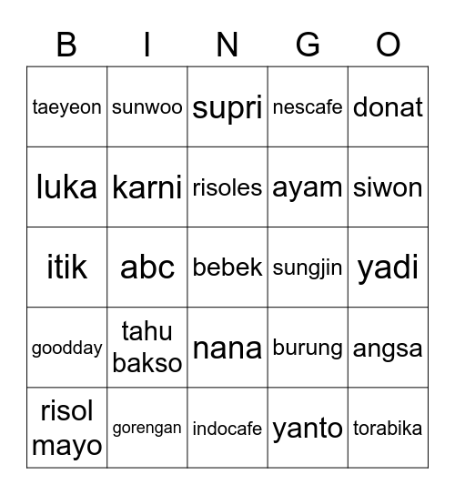 ty Bingo Card