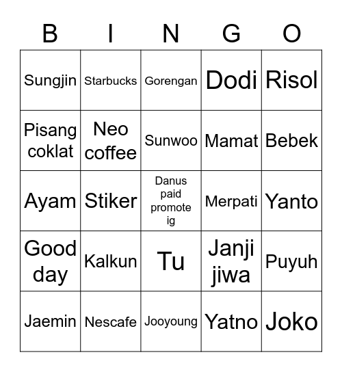 Sungjin Bingo Card
